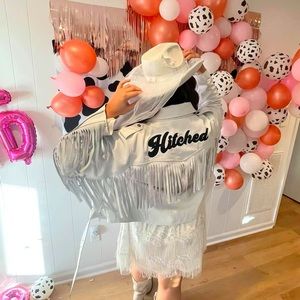 Nasty Gal Just Hitched Graphic Real Leather Fringe Jacket